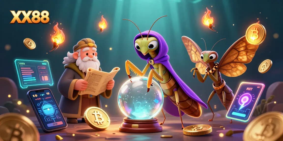 Experience the magic of XX88 with a dynamic 3D illustration featuring fortune tellers and floating crypto elements.