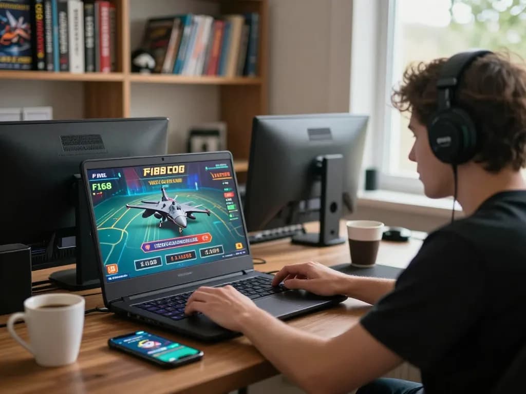 Player enjoying F168 live dealer game on laptop in cozy home setting, emphasizing responsible gambling