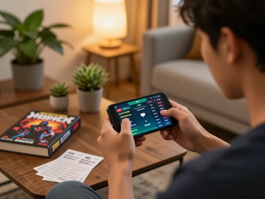 Go88 user analyzing sports betting on smartphone in a cozy home setting with strategy notes.