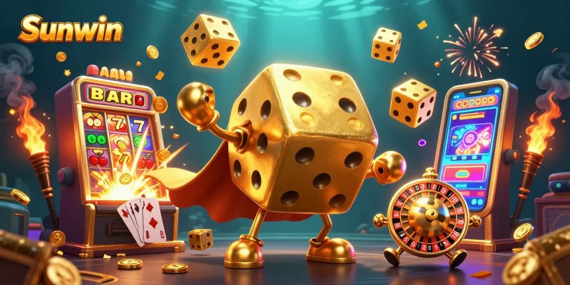 Experience thrilling wins and vibrant gameplay with Sunwin's exciting casino illustration featuring dice and slot machines.
