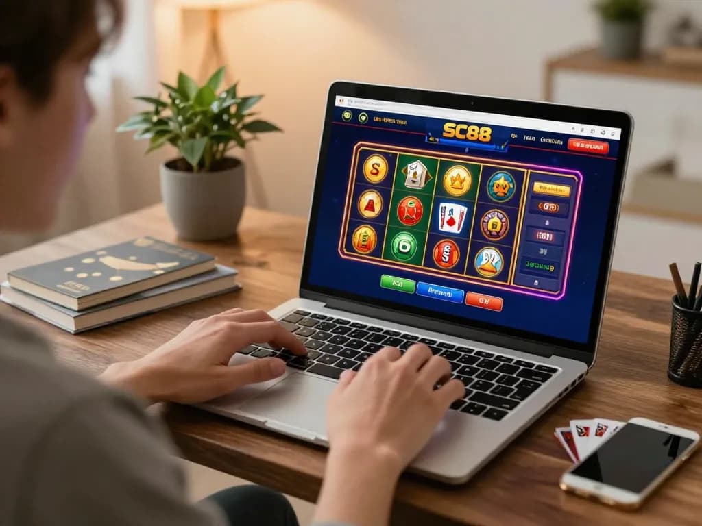 Playing game sc88 on a laptop at home, showcasing an engaging online gambling experience.