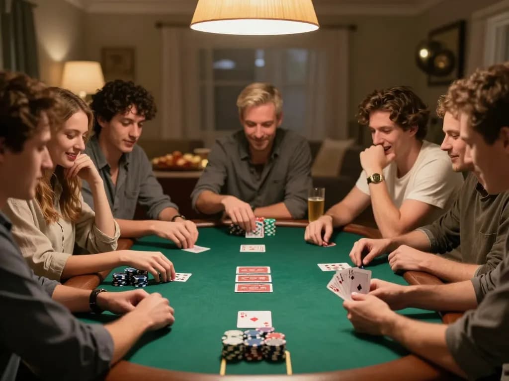 Players enjoying a casual poker game at home, showcasing Net88 experience of strategic fun.