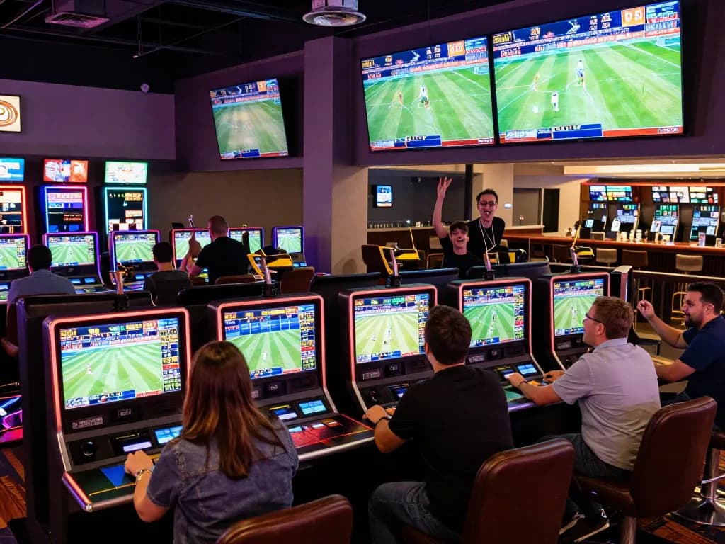 Sports enthusiasts placing bets on 7me app at dynamic casino area during live games