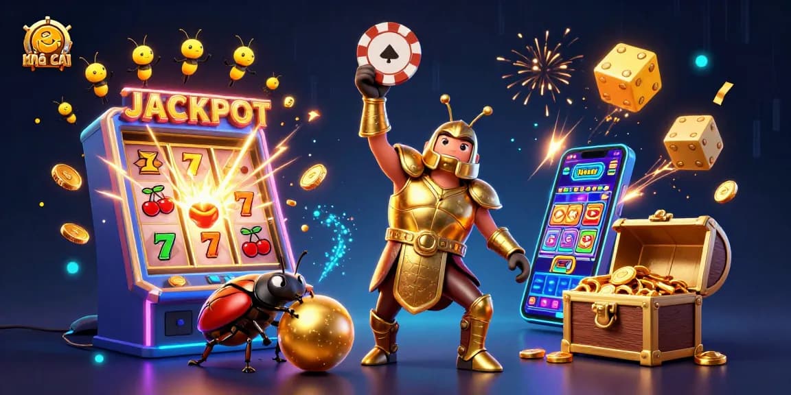 Experience Kèo nhà cái with a victorious beetle and jackpot excitement in this vibrant illustration.
