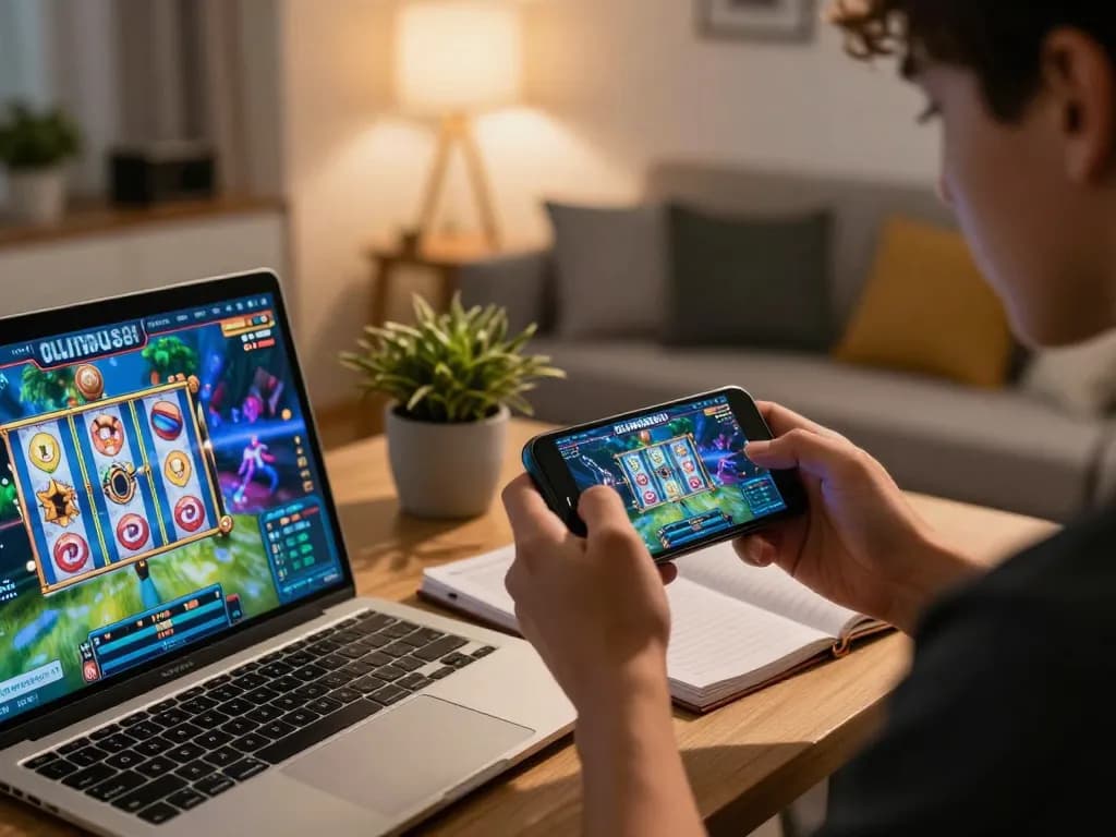 Play exciting OLYMPUS88 slots online with vibrant graphics in a cozy home setup
