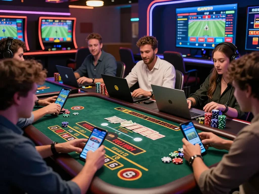 GAVN99 online betting scene with diverse players enjoying casino games and sports betting in a vibrant virtual environment