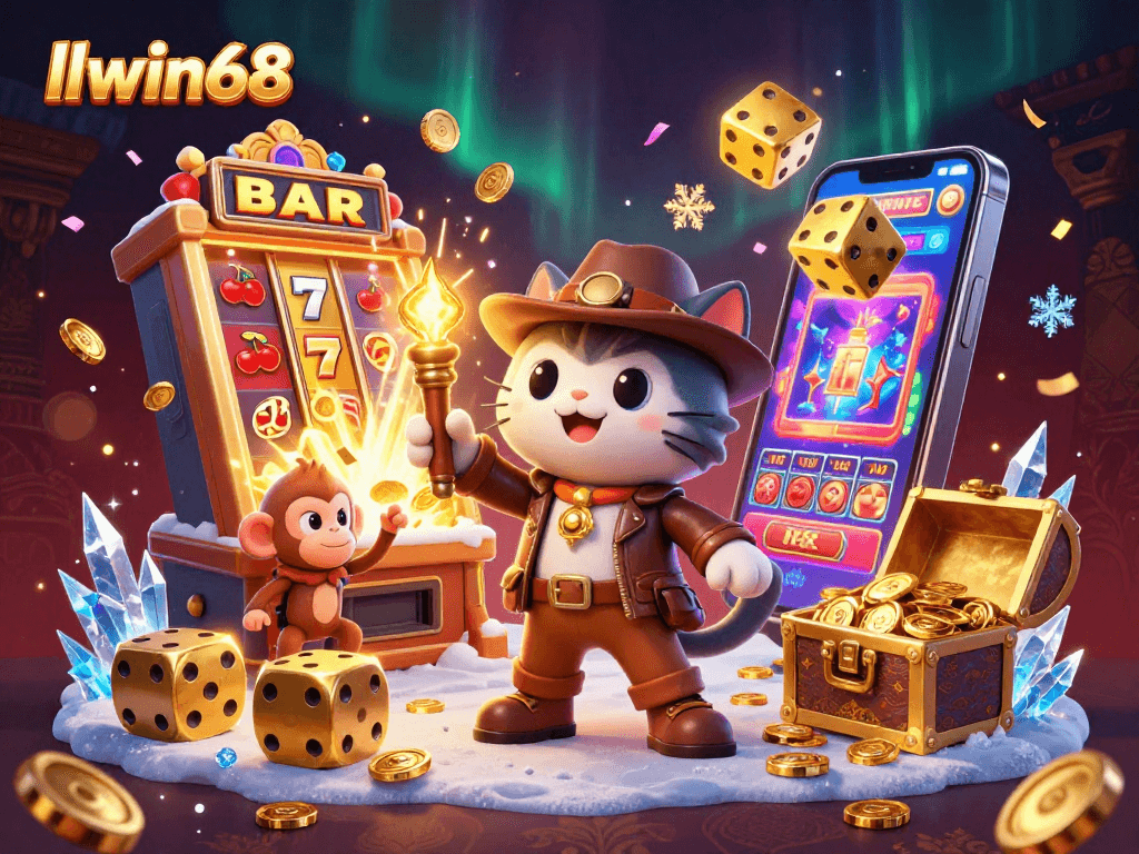 llwin68 showcases an archaeologist cat discovering jackpot treasures amidst dynamic casino elements.