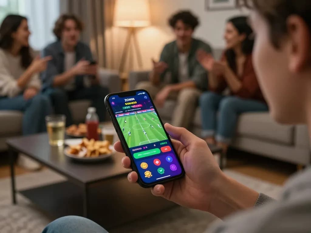 A person places bets using the ZOWIN app in a vibrant and social online gambling atmosphere