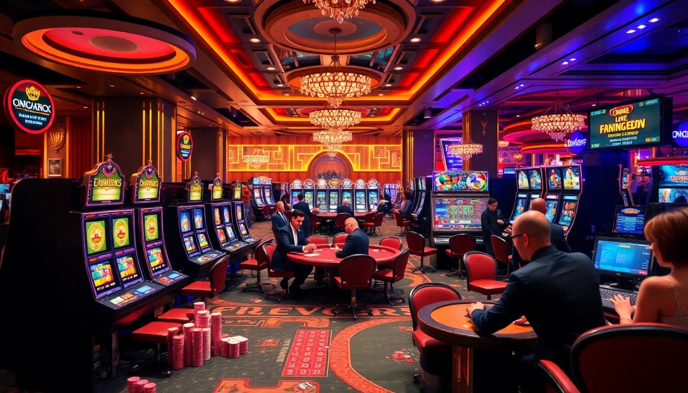 Experience excitement at Cwin, showcasing players at slot machines and live gaming tables.
