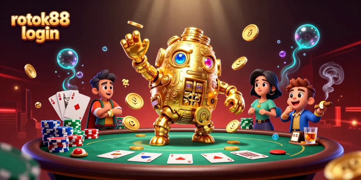 Experience immersive online gaming with rokok88 login, featuring 3D cartoon elements and vibrant casino action.