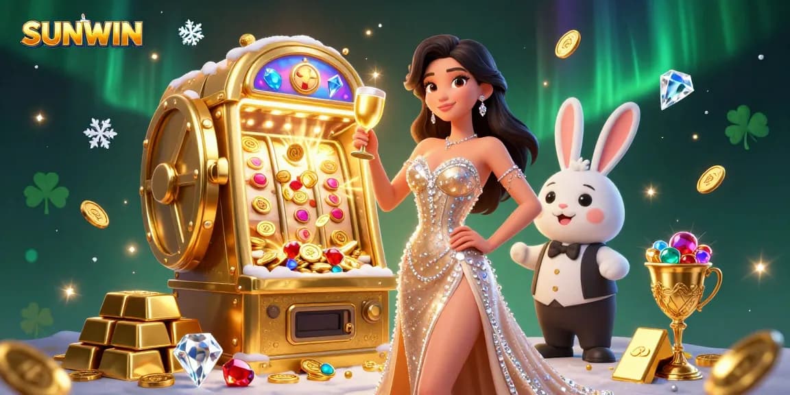 SUNWIN offers an exhilarating gambling experience with a stunning woman toasting beside a jackpot slot machine.
