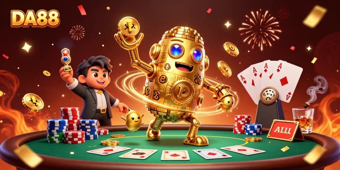DA88 thrills players with golden golem and poker scene showcasing vibrant casino energy.