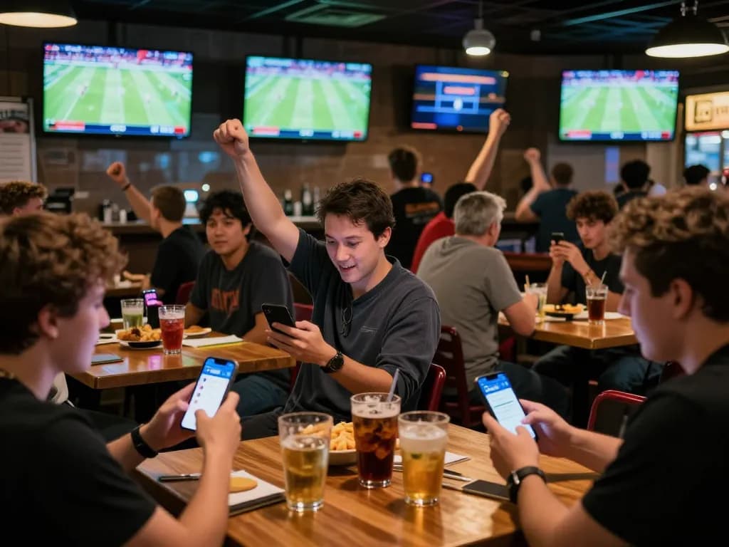 Patrons engaging with the 7mcn betting app while watching live football in an energetic sports bar setting.
