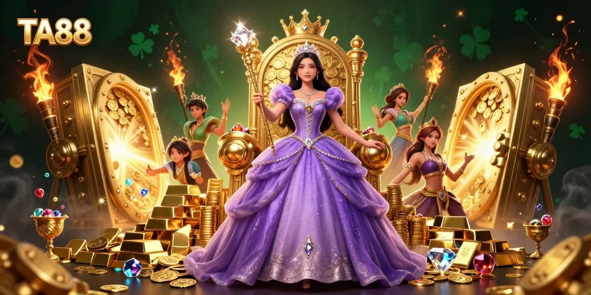 Experience the excitement of TA88 with a stunning digital casino illustration featuring vibrant gems and treasures.