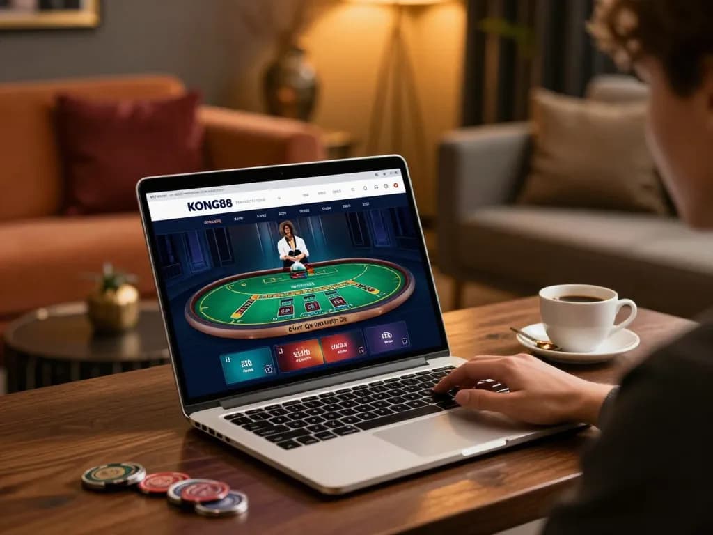 KONG88 user engaging in live dealer blackjack game on a laptop, showcasing online casino experience