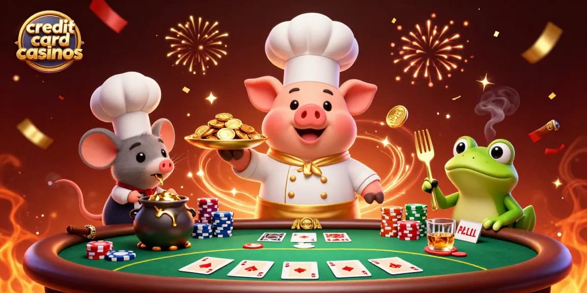 Engage in thrilling credit card casinos with vibrant characters and dynamic gaming elements in a lively illustration.