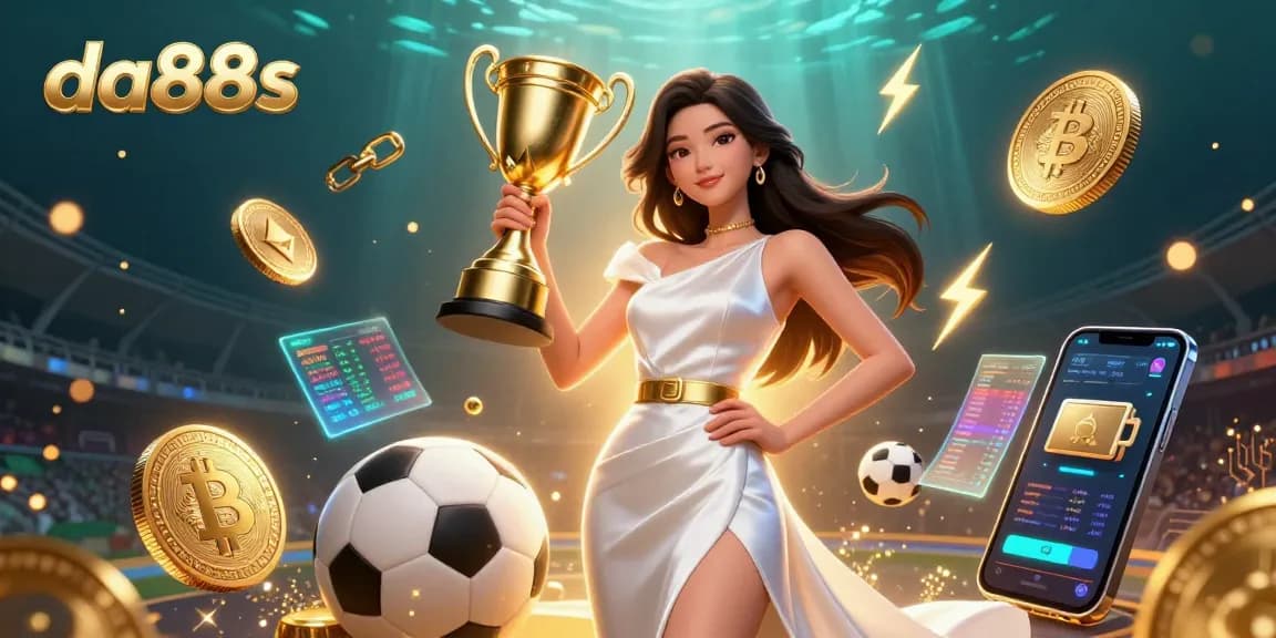 Join the action with da88s as a confident woman holds a trophy amidst vibrant sports betting elements.