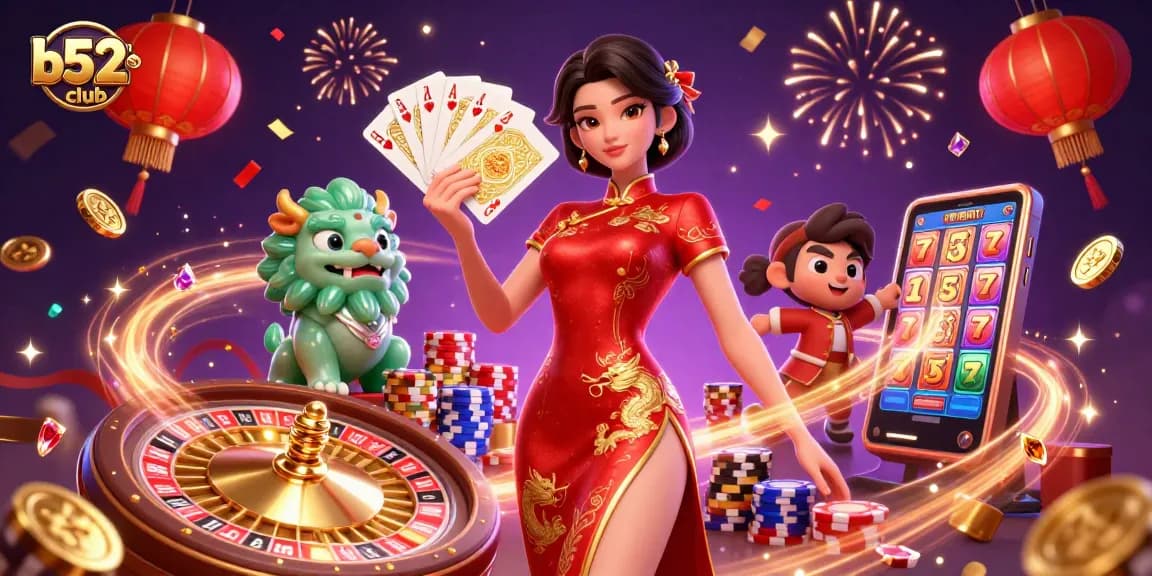 B52Club offers an exciting casino experience with vibrant 3D elements showcasing a stunning woman in a qipao dress amidst swirling lanterns.