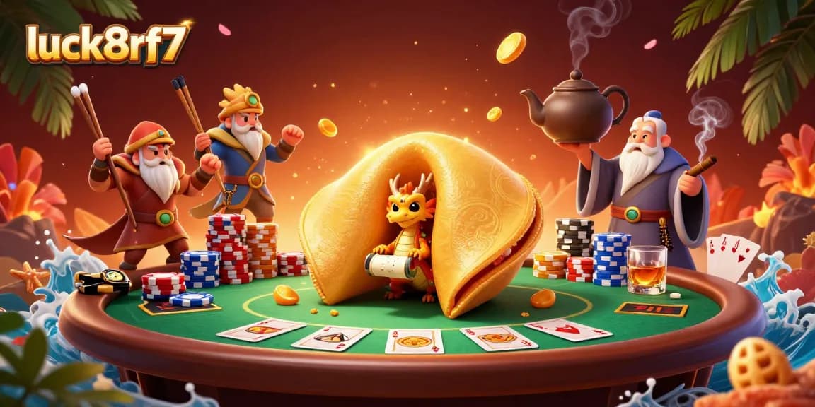 Engage with luck8rf7's vibrant gambling scene featuring a wise dragon and fortune cookie.
