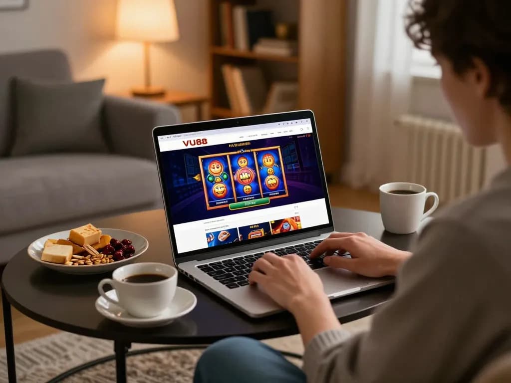Engaged player exploring VU88 online casino slots in a cozy home environment, emphasizing responsible gaming.