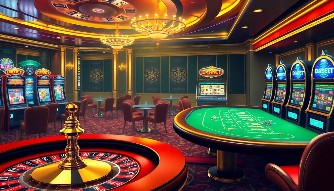Experience thrilling gameplay at https://dabet.business/ with vibrant casino visuals highlighting poker and roulette action.