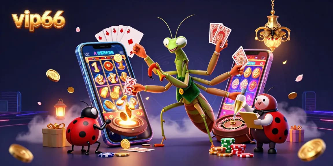 Engage with vip66's vibrant casino scene featuring a lively praying mantis dealing cards.