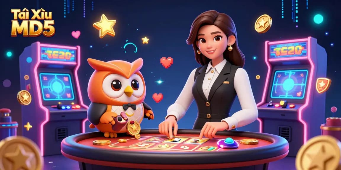 Tài Xỉu MD5 lively illustration with Asian woman and owl dealer, engaging casino atmosphere.