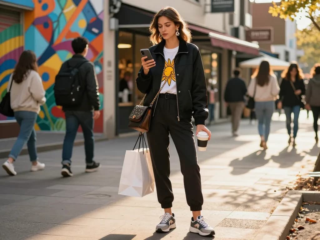 Young woman in stylish sunwin jacket enjoying urban street fashion during sunset.