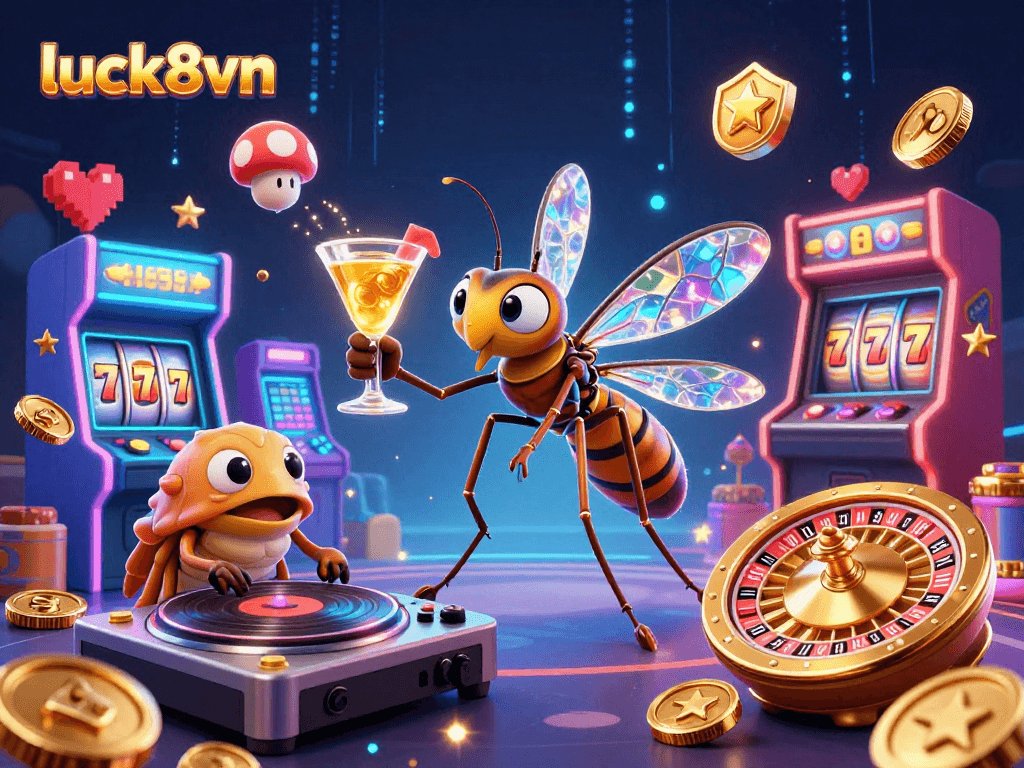Experience high-energy excitement with luck8vn's vibrant casino scene showcasing unique characters and gaming elements.