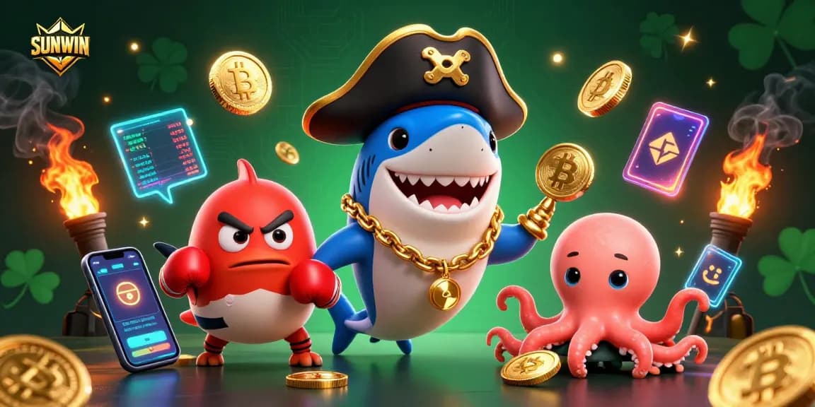 SUNWIN engages players in a vibrant 3D digital casino with a shark, pufferfish, and octopus in a colorful scene.