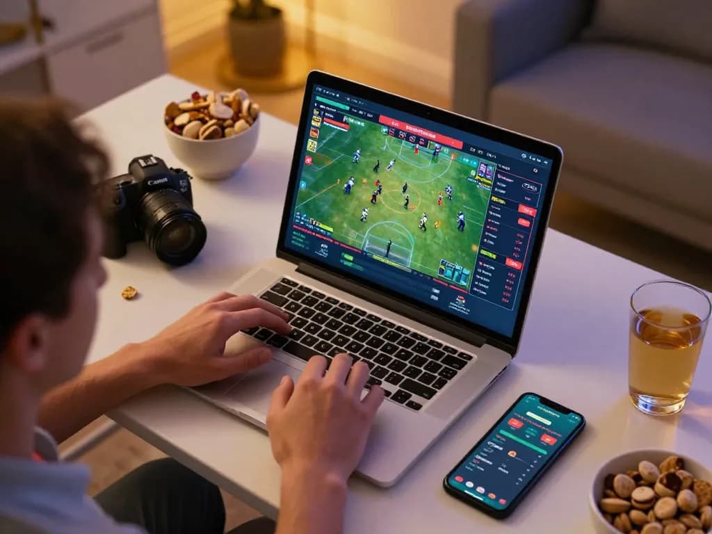 Engaged sports betting at home with open88ss platform showing live match stats.
