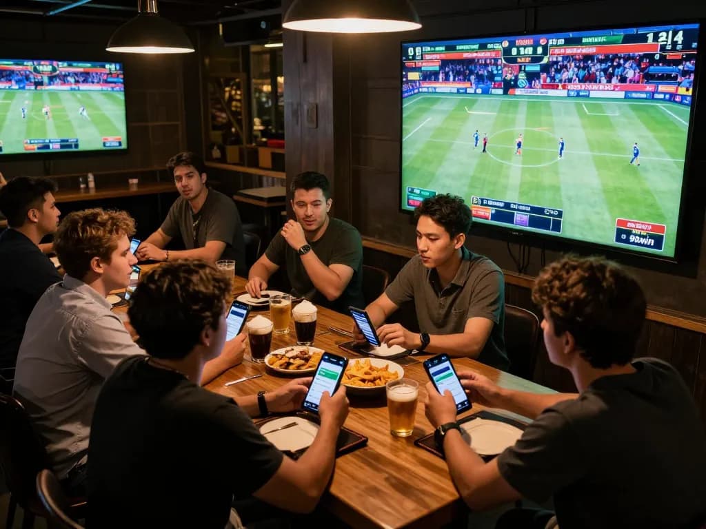 Friends placing bets on the 98win platform during a thrilling live sports event