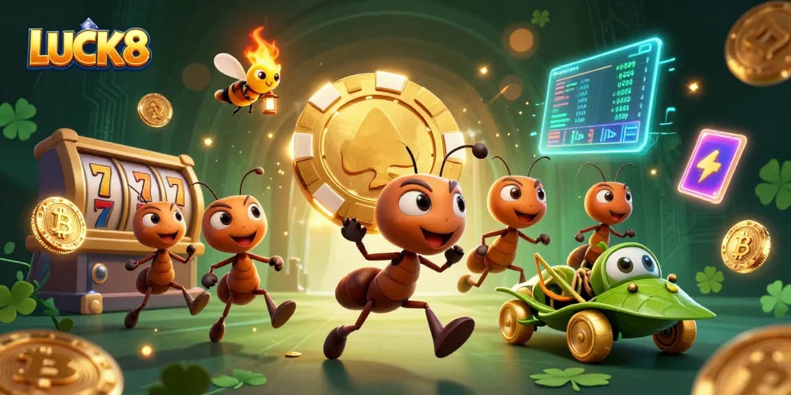 Experience the thrill of LUCK8's vibrant casino world with a whimsical team of cartoon ants on an adventure.
