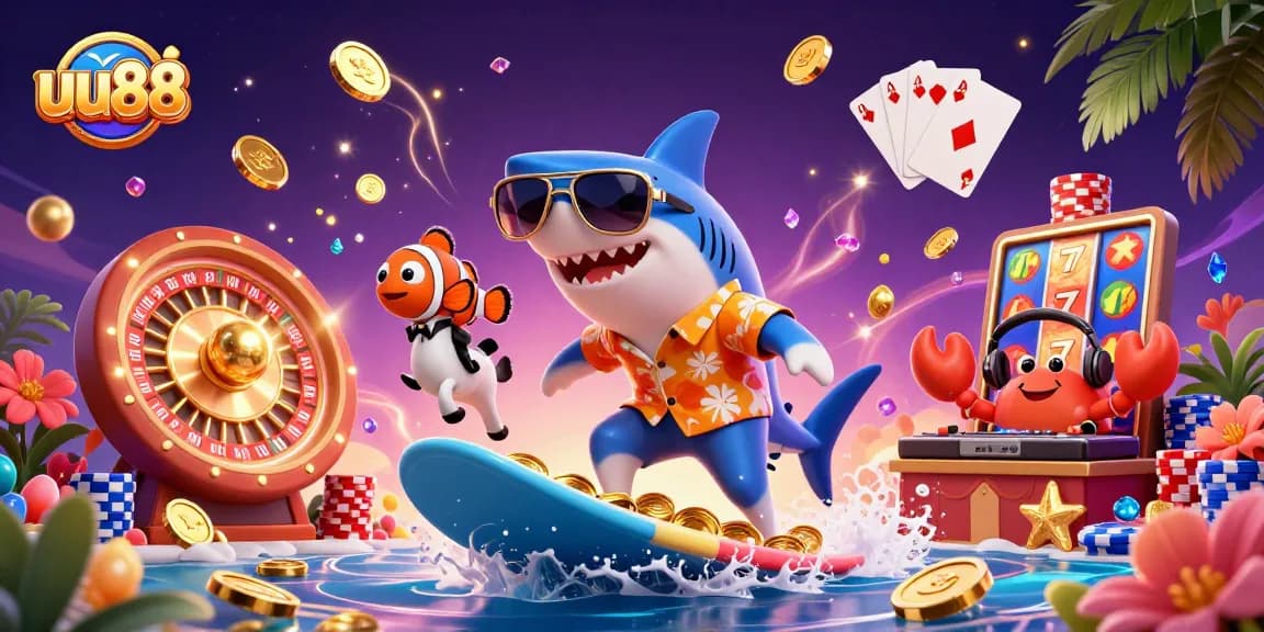 uu88 casino scene featuring a shark surfing coins with vibrant game elements in a lively underwater setting.