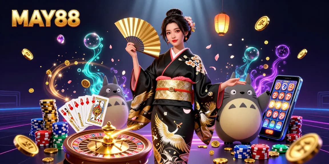 MAY88 showcases an immersive casino experience with vibrant characters amidst cascading coins and winning plays.
