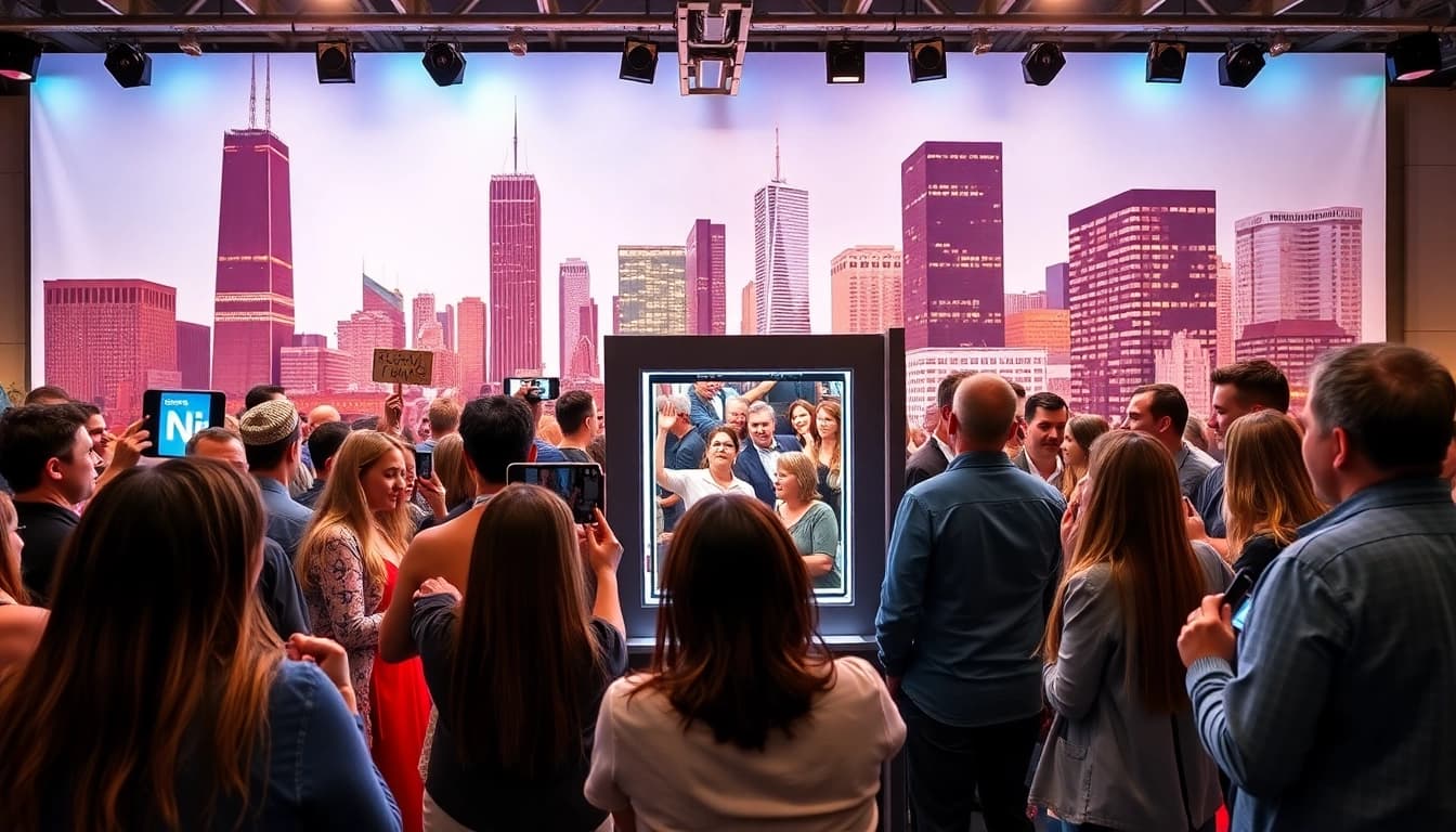 Enjoy vibrant interactions at a photo booth rental chicago event with lively guests and stunning skyline.