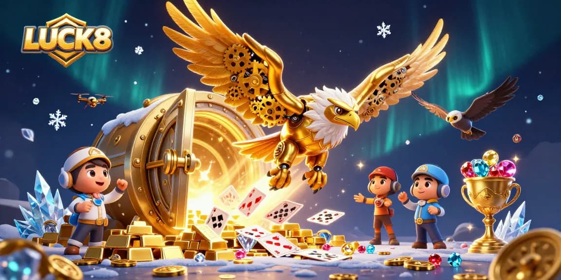 LUCK8 showcases an epic casino adventure with a golden eagle and dazzling playing cards.
