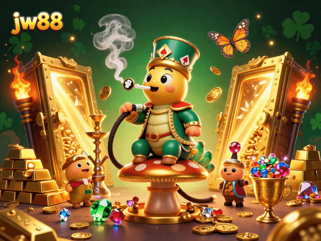 Win big with jw88 in this vibrant casino-themed illustration featuring a hookah-master and riches.