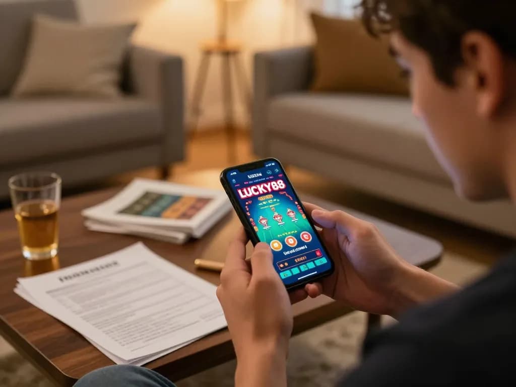 Player engaged in LUCKY88 app gambling, showcasing action and excitement in cozy home setting