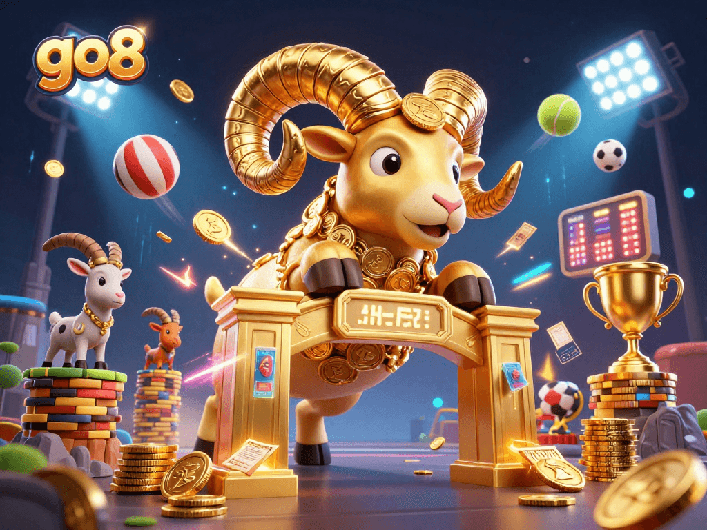 Experience go8's thrilling atmosphere as the golden ram charges through a vibrant sports-themed setting.
