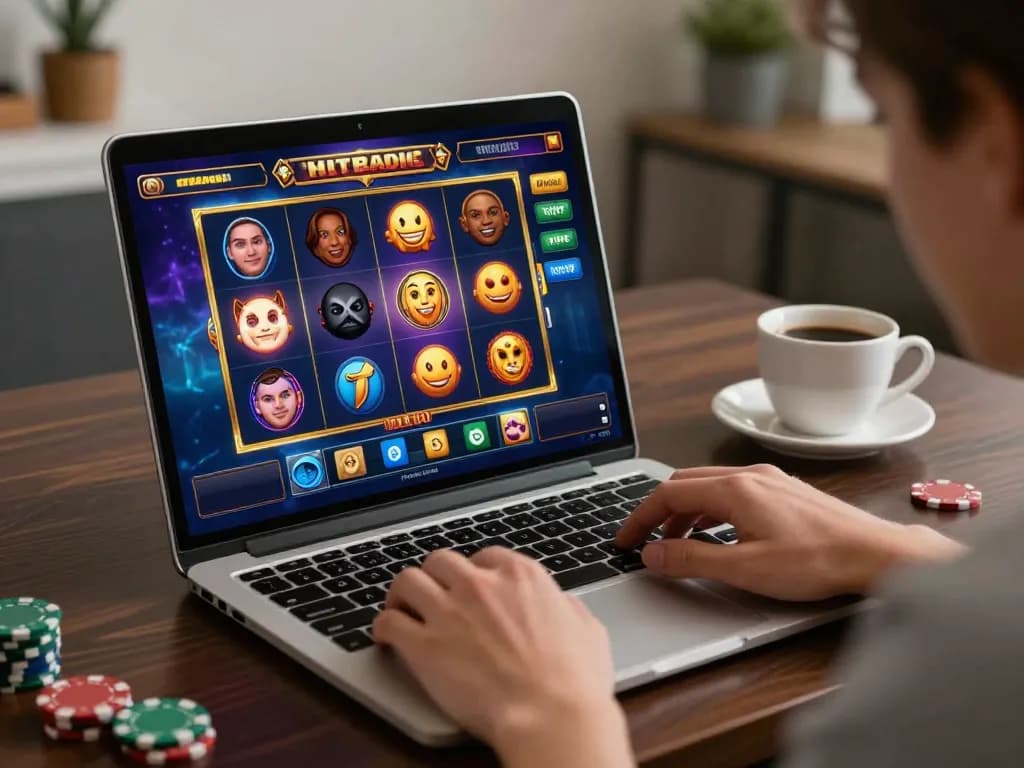 Player enjoying 13win online slots on a stylish laptop, featuring engaging gameplay and casino ambiance.