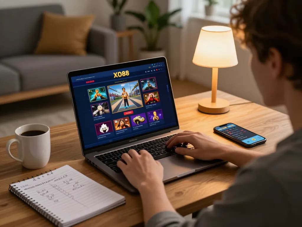 Player accessing XO88 online casino on laptop in a cozy home setup, highlighting responsible gaming.