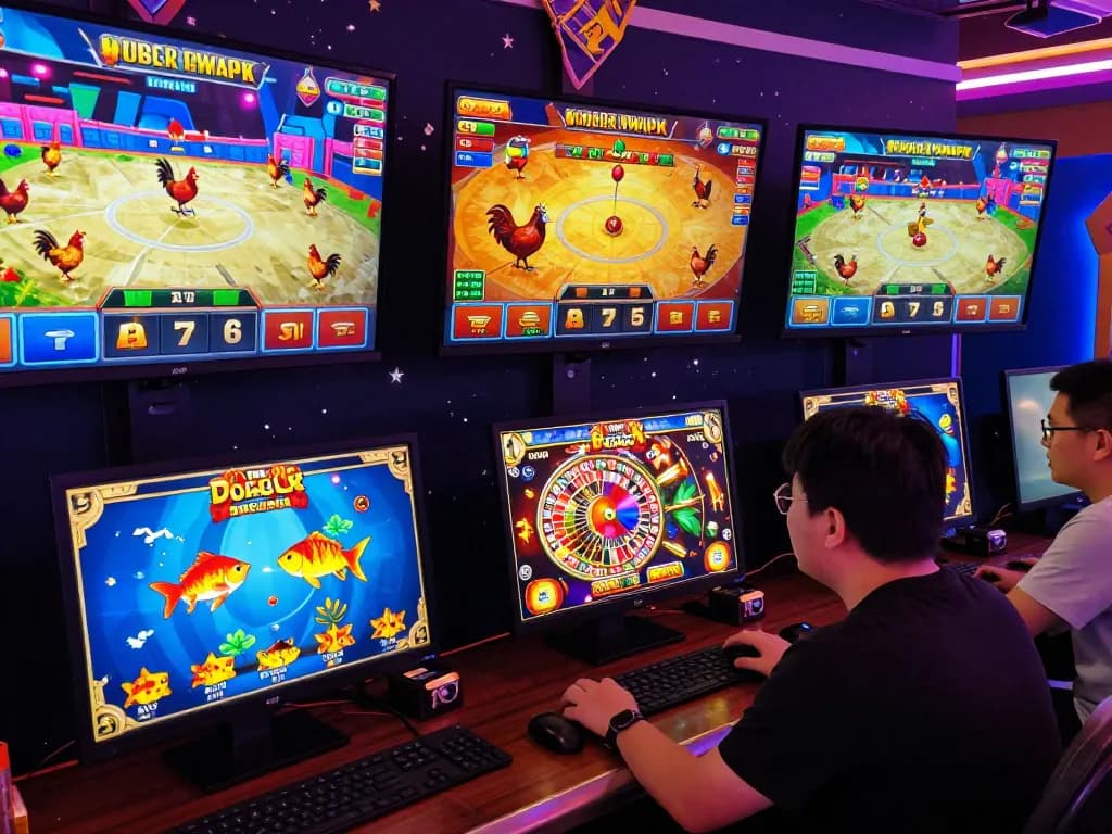 Engaged players at https://oke179.xyz/ enjoying virtual cockfighting and casino games in a lively online betting environment.
