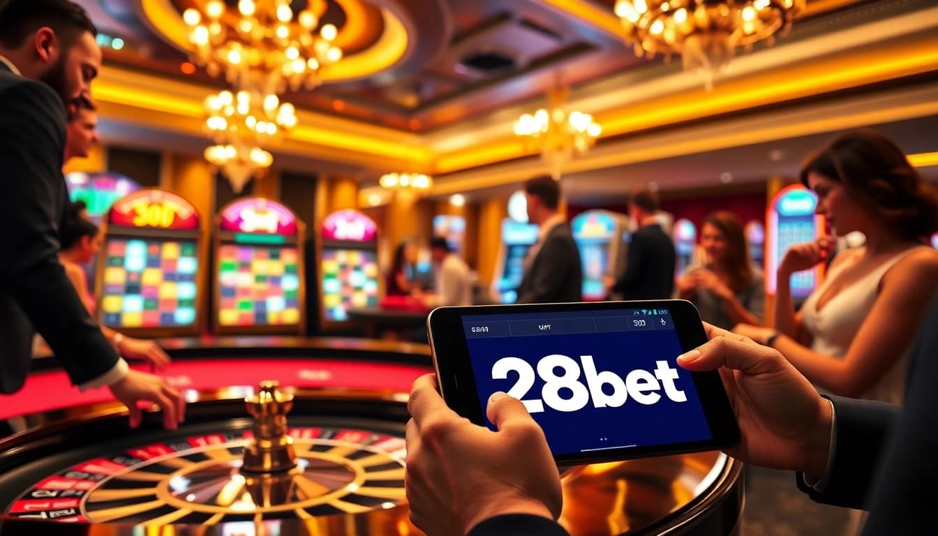 28bet players placing bets at an exciting roulette table in a luxurious casino scene.