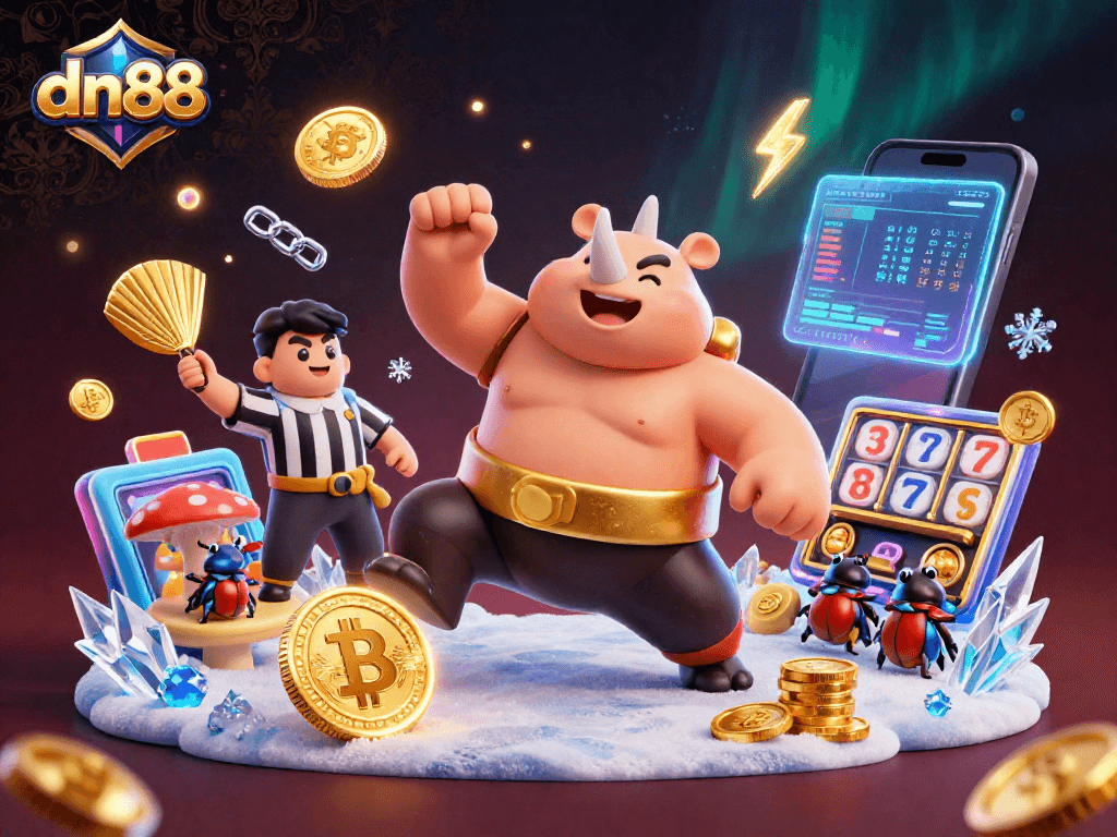 Experience thrilling action with dn88 as a sumo beetle champion sends coins flying in this vibrant casino scene.