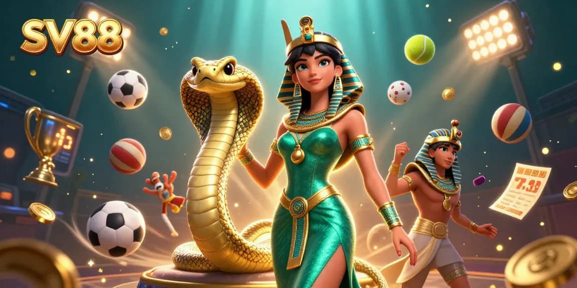 SV88 sportsbook featuring a stunning woman in a shimmering gown, dynamic sports elements, and golden details.