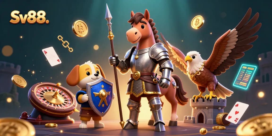 Engage with Sv88. thrilling casino gaming world featuring the knight and his companions in a vibrant illustration.