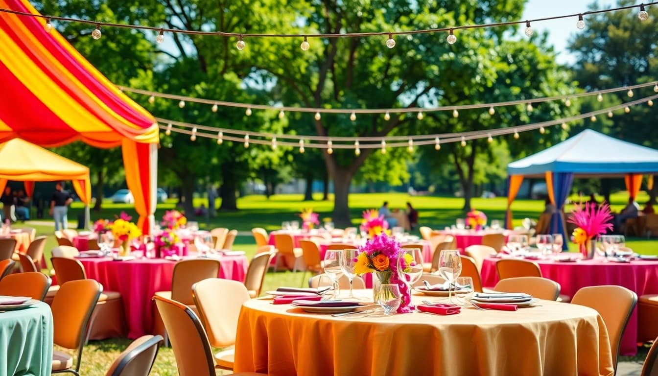 Outdoor Party Rentals featuring a vibrant setup with colorful tents and tables for guests.