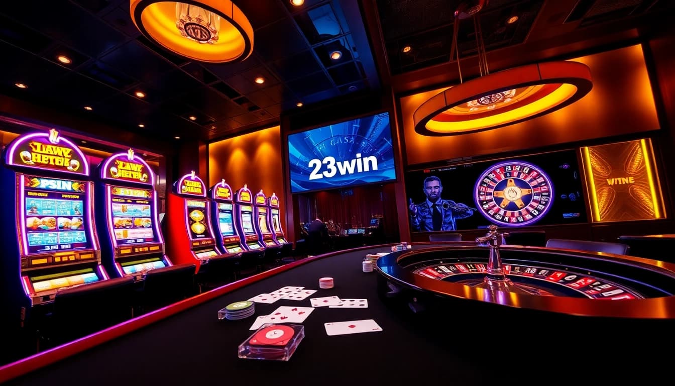 Experience thrilling gaming at 23win's vibrant online casino, featuring upscale poker tables and dynamic slot machines.