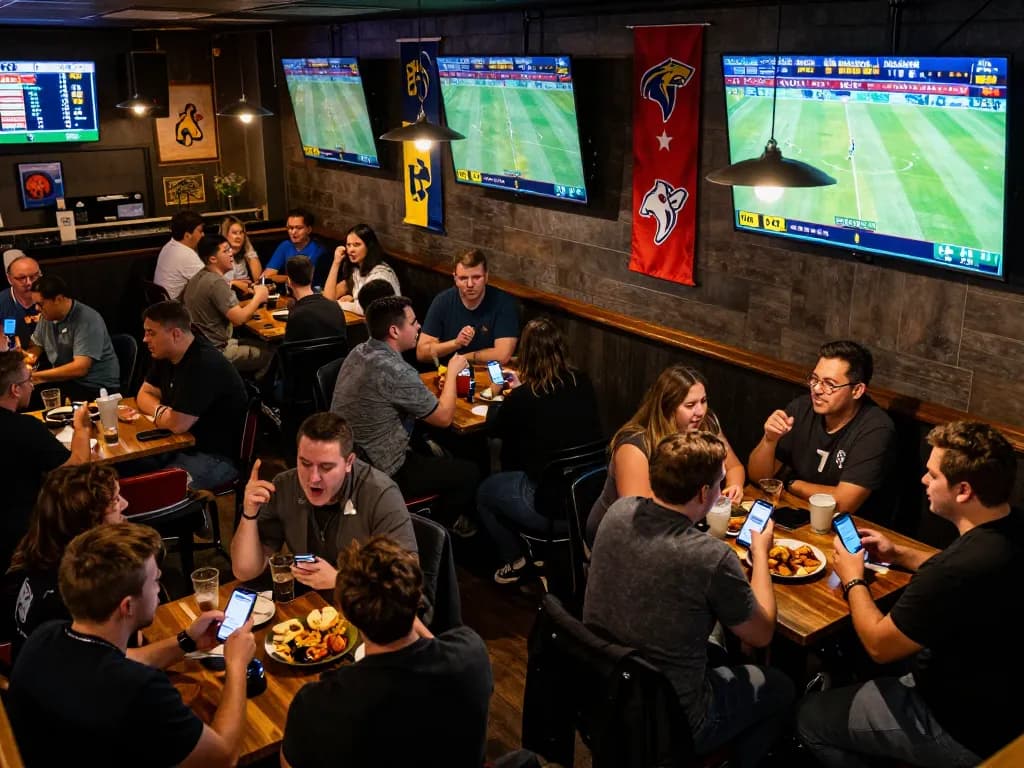 Fans engaging in sports betting at a lively bar, checking hbet updates on mobile apps.